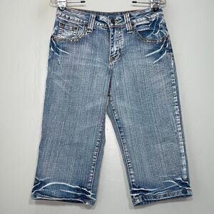 LA Blues Size 6 Embellished Blue Jean Denim Capris Y2K Button Flap Pockets Crop
